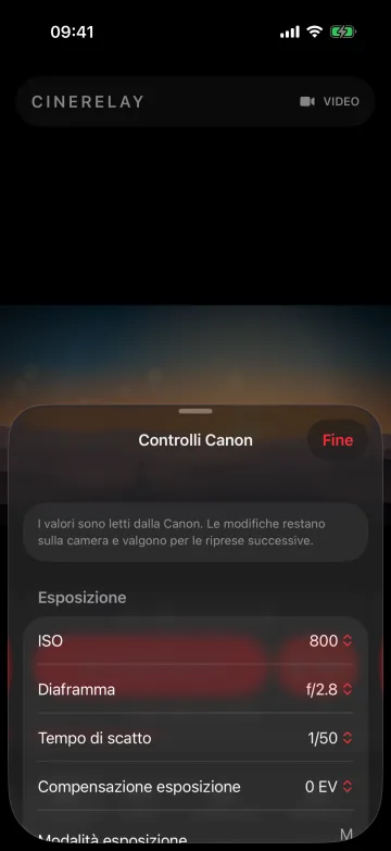 Pannello Controlli Canon: ISO, diaframma, tempo di scatto e compensazione dell’esposizione letti dalla camera.