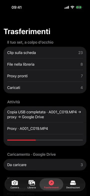 Scheda Trasferimenti: clip sulla scheda, file nella libreria, proxy pronti, caricati e la coda verso Google Drive.